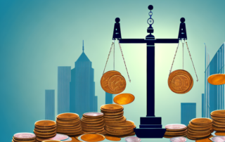 A balance scale with a shield symbolizing protection on one side and stacks of coins symbolizing cost on the other