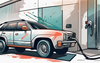 A car door partially painted with a spray gun