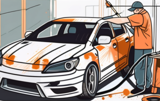 A car with deep paint damage being repaired with various tools and paint