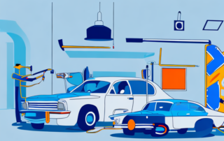 A professional auto paint shop with various tools and equipment