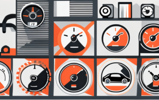 A variety of car tires with a pressure gauge