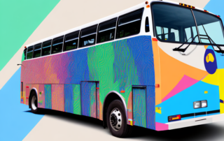 A bus in the process of being covered with a colorful vinyl wrap