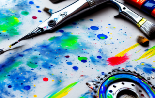 A bicycle with a visible paint scratch being repaired with various tools and paint