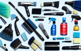 A variety of interior car cleaning products arranged on a sleek dashboard