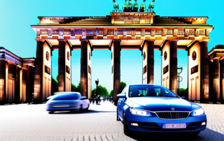 Several different types of cars gleaming brightly under the iconic brandenburg gate in berlin