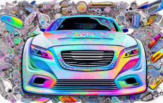 A car with various unique and colorful car stickers applied on different parts