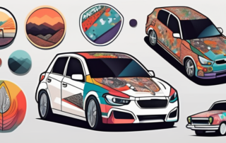 A car adorned with various unique and colorful stickers
