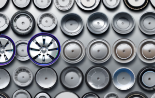 Several car wheels with different types of shiny and glossy finish