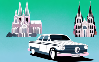 A car being wrapped in foil (folieren) with the iconic cologne cathedral in the background