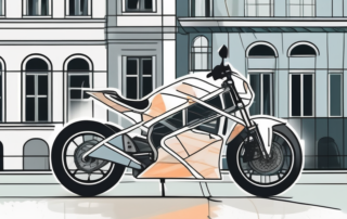 A motorcycle being wrapped with a protective film in a munich cityscape setting