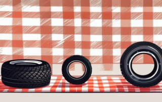 A variety of car tires with different pressure gauges