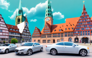 A variety of clean and shiny cars of different models parked in front of iconic landmarks of bremen