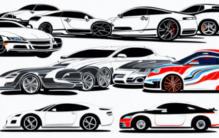 A variety of cars with different styles of decorative auto decals and racing stripes in a parking lot