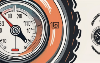 A tire pressure gauge next to a car tire