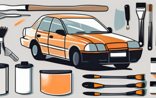 A car with visible paint chips and a set of repair tools like paint