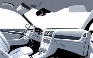 A clean and shiny car interior focusing on the spotless upholstery and a few cleaning tools like a brush