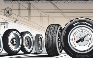 Various bridgestone tires with different pressure gauges attached to them