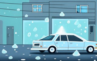 A car parked in a driveway with soap suds on it and a water hose lying nearby