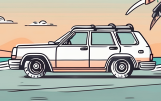 A car parked on a sunny beach with a tire pressure gauge lying next to the tires