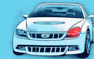 A car in a professional spray booth with various tools and cans of paint nearby