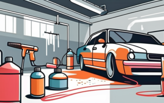 A car being sprayed with a paint gun in a professional garage