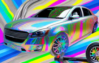 A car being wrapped in a colorful vinyl foil