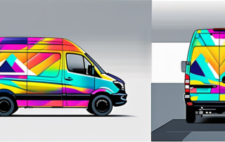 A sprinter van being wrapped in a colorful vinyl foil