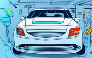 A car in a professional garage setting with visible areas being repainted