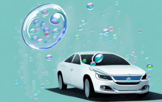 A car being washed with bubbles gently floating around it