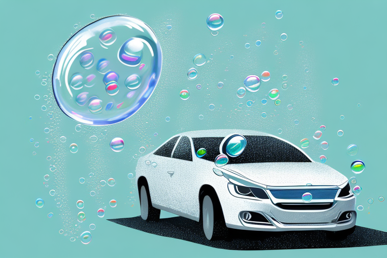 A car being washed with bubbles gently floating around it