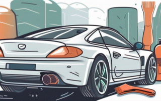 A car with visible plastic scratches on its surface and various car detailing tools nearby