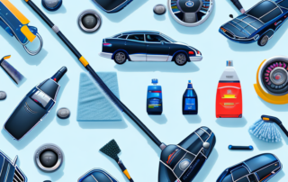 A car cockpit with various cleaning tools like a vacuum