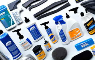 Several different car care products arranged neatly on a workbench