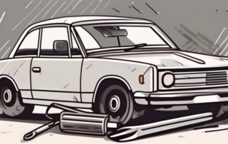 A car with a deep scratch on its side and various car repair tools nearby