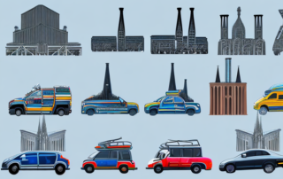 A variety of vehicles with different vibrant foil wraps parked in front of iconic landmarks of north rhine-westphalia