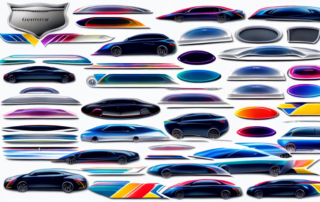 A variety of colorful and stylish car body stickers on different parts of a sleek car