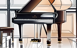 A glossy grand piano with a bottle of polish and a soft cloth on top