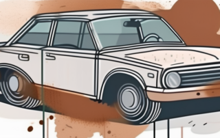 A car with a visible rust bubble on its surface and tools like sandpaper