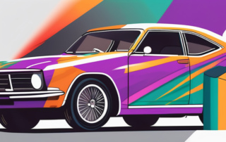 A car in the process of being wrapped in a colorful vinyl film