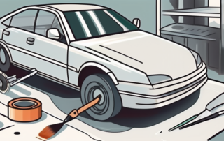 A car with visible paint chips being repaired using various tools and products