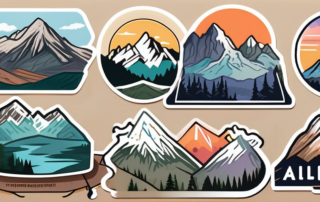 A variety of colorful and unique stickers with mountain-themed designs
