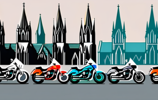 Several motorcycles with different colorful foils parked in front of the iconic cologne cathedral