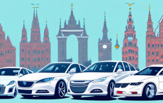 Several cars with different types of car wraps parked in front of recognizable landmarks in leipzig