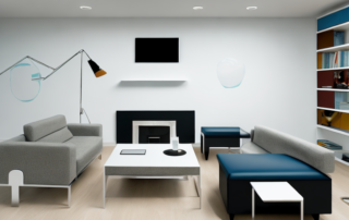 A modern living room with various pieces of furniture like a sofa