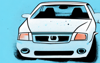 A car with visible scratches on its surface and tools like a sanding machine and paint can nearby