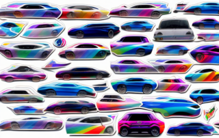 Various unique and colorful car stickers placed on different parts of a sleek