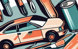 A car with noticeable paint chips and a set of repair tools nearby