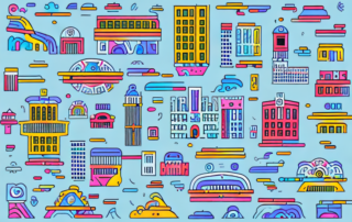 A variety of colorful slides (as in playground equipment) scattered throughout a stylized