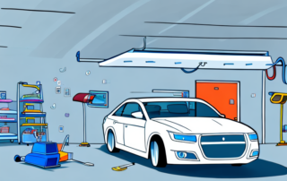 A car with a freshly painted roof in a well-lit professional garage