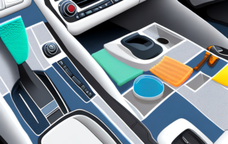 A variety of car interior cleaning products arranged neatly inside a car with a focus on the seats